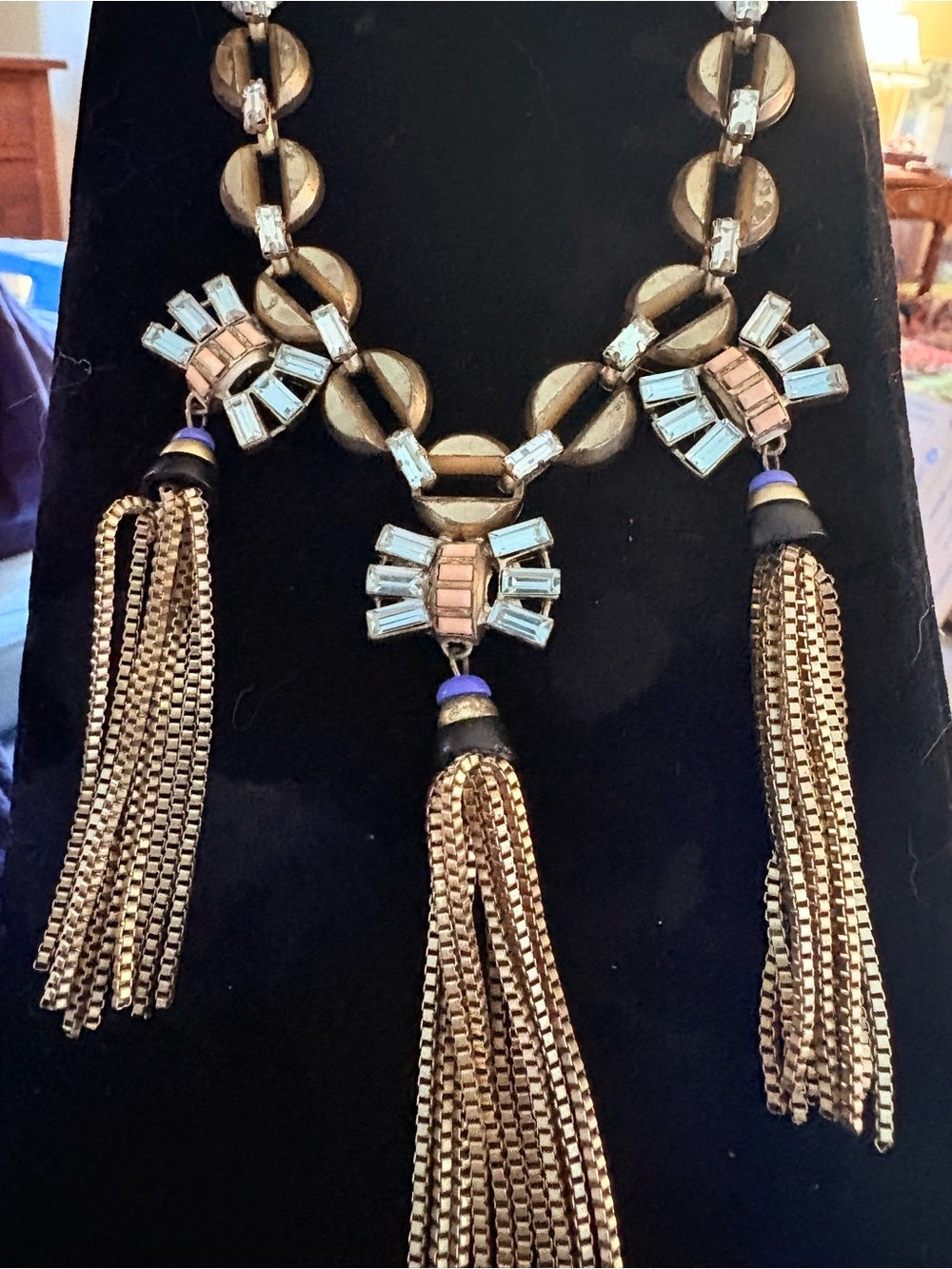 Amazing Statement Gold Tassel Necklace Coral Blue Gold white Rope